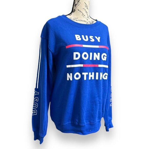 Wound Up S Blue Graphic Sweatshirt Busy Doing Nothing Cotton Blend Pullover Top - Picture 2 of 11